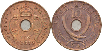 Британская Восточная Африка 10 центов 1945 Георг VI (1936-1952) KM 26.2 бронза 3333-1212