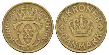 Дания 2 кроны 1925 HCN, Кристиан X (1912-1947) KM 825 алюминиевая бронза 4653-1136