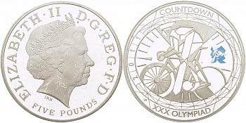 Великобритания 5 фунтов 2011 Елизавета II (1952-2022), XXX Летние Олимпийские игры 2012 в Лондоне 2012 - Обратный отсчет 1 год до начала, велосипедный спорт, KM 1202, Spink LO35 серебро PROOF 04-136-24