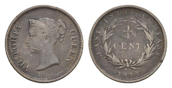 Стрейтс-Сетлментс (Стрейтс Сетлментс) 1/4 цента 1845 Виктория (1837-1901), год-тип KM 1 медь 1521-642