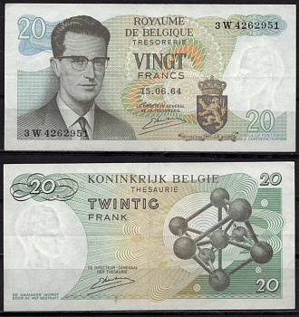 Бельгия 20 франков 1964 Бодуэн I; Атомиум, Брюссель Pick 138 (3) бумага 7548-112-4-2