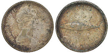 КАНАДА 10 ЦЕНТОВ 1967 100 ЛЕТ КОНФЕДЕРАЦИИ, РЫБА, ЕЛИЗАВЕТА II KM 67 серебро 4178-233