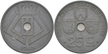 Бельгия 25 сантимов 1942 Belgique - Belgie, германская оккупация, Вторая мировая война KM 131 цинк 4159-647