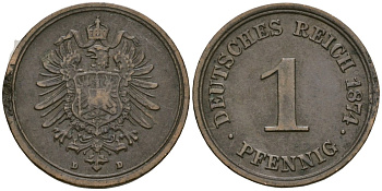 Германия 1 пфенниг 1874 D, Вильгельм I (1871-1888) KM 1, J. 1 медь 4181-129