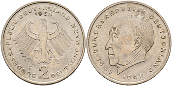 ФРГ 2 марки 1969 F, Конрад Аденауэр KM 124 никель плакированный медно-никелем  UNC  4126-1256