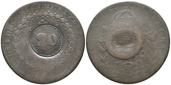 БРАЗИЛИЯ 20 РЕЙСОВ 1835 НАДЧЕКАНКА НА 40 РЕЙСАХ 1829, ПЕДРО I KM 436.1 медь 51-4221