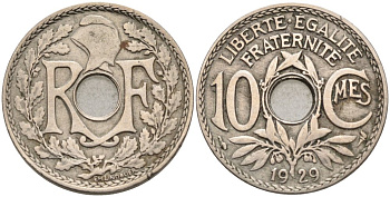 Франция 10 сантимов 1929 тип LINDAUER KM 866а, Le Franc 128.16 медно-никель 4575-334