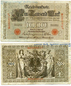 ГЕРМАНИЯ 1000 МАРОК 1910 21 АПРЕЛЯ 1910, КРАСНАЯ ПЕЧАТЬ, 7 ЦИФР В НОМЕРЕ Pick 44b бумага 6262-40-1-1