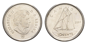 Канада 10 центов 2007 Leaf, Елизавета II (1952-2022), парусник KM 492 сталь плакированная никелем aUNC 4647-1024