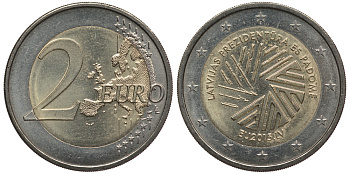 Латвия 2 евро 2015 председательство Латвии в совете ЕС KM 173 биметалл 4110-915