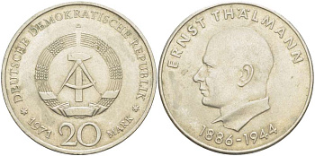ГДР 20 марок 1971 A, 85 лет со дня рождения Эрнста Тельмана KM 34, J. 1535 медно-никель 4521-413