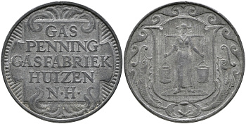 НИДЕРЛАНДЫ ЖЕТОН ND ХЁЙЗЕН ГАЗ ПФЕННИГ, ГАЗОВАЯ ФАБРИКА HUIZEN N.H., ДИАМЕТР 23,5 ММ. цинк 65-1056