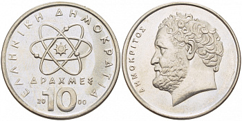Греция 10 драхм 2000 Демокрит KM 132 медно-никель UNC 3996-953