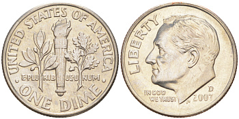 США 10 ЦЕНТОВ = 1 ДАЙМ 2007 D, РУЗВЕЛЬТ KM 195a медь плакированная медно-никелем UNC 187-1126