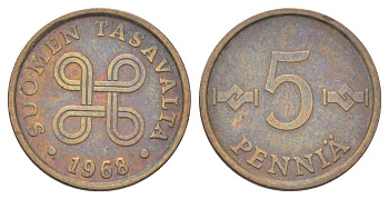 Финляндия 5 пенни 1968 KM 45 медь 4627-1026