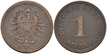 ГЕРМАНИЯ 1 ПФЕННИГ 1887 A, СТАРОГЕРБОВКА KM 1, J. 1, Weege 1 медь 206-1252
