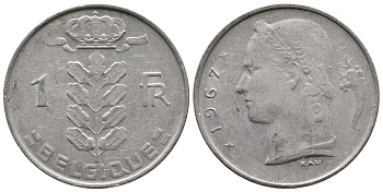 БЕЛЬГИЯ 1 ФРАНК 1967 BELGIQUE KM 142.1 медно-никель 4382-944