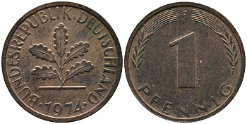 ФРГ 1 пфенниг 1974 F KM 105, J.380 сталь плакированная медью 99-327
