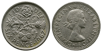 Великобритания 6 пенсов 1967 Елизавета II (1952-2022) KM 903, Spink 4149 медно-никель 4381-863