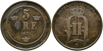 Швеция 5 эре 1874 Оскар II (1872-1907) король Швеции и Норвегии KM 736 бронза 4364-1623