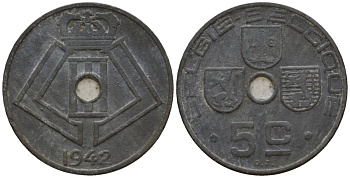 Бельгия 5 сантимов 1942 Belgie - Belgique KM 124 цинк 4543-226