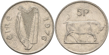 Ирландия 5 пенсов 1976 бык KM 22 медно-никель 4146-527