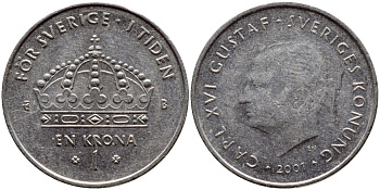 Швеция 1 крона 2001 Карл XVI Густав (1973- ) KM 894 медно-никель 4364-2755