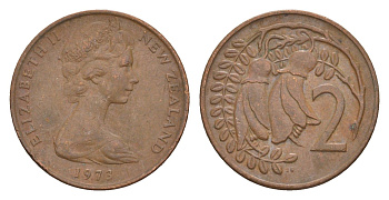 Новая Зеландия 2 цента 1973 Елизавета II (1952-2022), два цветка кохаи KM 32.1 бронза 4178-242