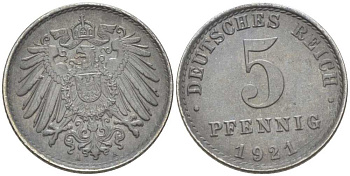 Германия 5 пфеннигов 1921 A KM 19, J. 297, Weege 5 железо 206-735