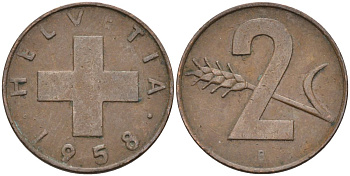 Швейцария 2 раппена 1958 В KM 47 бронза 4591-1221