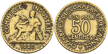 Франция 50 сантимов 1925  KM 884 алюминиевая бронза    4152-1235