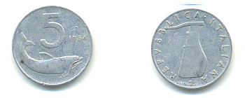 ИТАЛИЯ 5 ЛИР 1954 R, РУЛЬ, ДЕЛЬФИН KM 92 алюминий 86-942