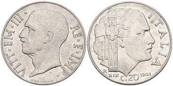 ИТАЛИЯ 20 ЧЕНТЕЗИМО 1941 R, ГОД XIX, ВИКТОР ЭММАНУИЛ III (1900-1946) KM 75b, VEM3. 1028 нержавеющая сталь 3853-1051