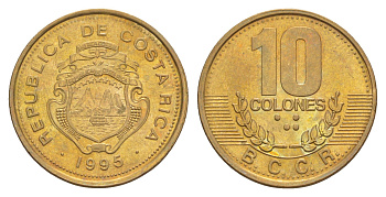 Коста-Рика 10 колонов 1995 KM 228.1 сталь плакированная латунью UNC 4642-856