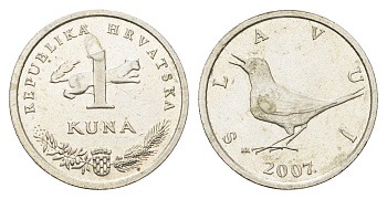 Хорватия 1 куна 2007 западный соловей, нечетный год KM 9.1 медь цинк никель aUNC 4659-734