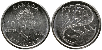 КАНАДА 10 ЦЕНТОВ 2001 ЕЛИЗАВЕТА II (1952-), ГОД ВОЛОНТЁРОВ, ТРЕТИЙ ПОРТРЕТ В КОРОНЕ KM 412 сталь плакированная никелем UNC 4532-849