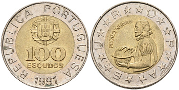 Португалия 100 эскудо 1991 Педру Нуниш (1502-1578), математик KM 645.1 биметалл 261-353