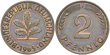 ФРГ 2 пфеннига 1965 F KM 106, J.381 бронза 4576-1019