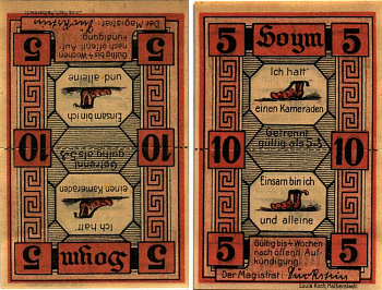 ХОЙМ 5 + 5 ПФЕННИГОВ 1921 НОТГЕЛЬД, ЗЕМЛЯ САКСОНИЯ-АНХАЛЬТ Grabowski 634.1 бумага 8608-10-3-2
