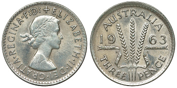 Австралия 3 пенса 1963 m, Елизавета II (1952-2022) KM 57 серебро 71-932
