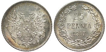Россия для Финляндии 25 пенни 1917 S, временное правительство, без короны KM 19, Биткин 2 серебро 75-1449