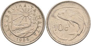 Мальта 10 центов 1986 золотая макрель KM 76 медно-никель 4588-161