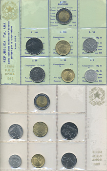 Италия набор из 7 монет 1983 оригинальная запайка, 1 монета биметалл    UNC  5-6-2-64