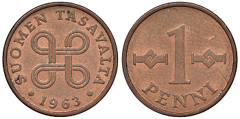 Финляндия 1 пенни 1963 первый год KM 44 медь 71-1025