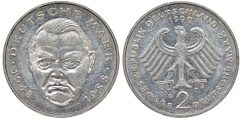 ФРГ 2 марки 1990 G, Людвиг Эрхард, 40 лет Федеративной Республике (1948-1988) KM 170, J. медно-никель 4137-1023