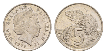 Новая Зеландия 5 центов 1999 Елизавета II (1952-2022), ящерица гаттерия KM 116 медно-никель 4594-1226