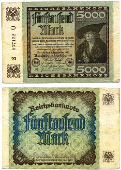 ГЕРМАНИЯ 5000 МАРОК 1922 2 ДЕКАБРЯ 1922, ВОДЯНОЙ ЗНАК Е, С/D В ЗВЁЗДАХ, СЕРИЯ S, ПОРТРЕТ КУПЦА ИМХОФА РАБОТЫ ДЮРЕРА Pick 81, Розенберг 80a бумага 00-00