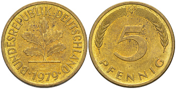 ФРГ 5 пфеннигов 1979 G KM 107, J. 382 сталь плакированная латунью 4514-1016