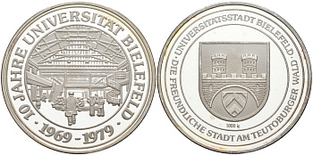Германия медаль 1979 10 ЛЕТ УНИВЕРСИТЕТУ БИЛЕФЕЛЬДА (BIELEFELD), диаметр 35,2 мм., вес 15 гр. серебро PROOF 04-093-25