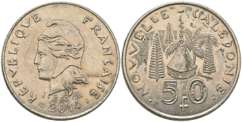 Французская Новая Каледония 50 франков 2014 хижина среди сосен и пальм, (IEOM) KM 13a, Schoen 15a, Lec 128i медно-никель 176-1143